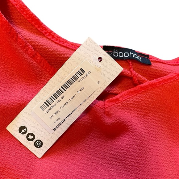 Boo-Hoo Maxi Strappy Tiered Sun Dress-Coral-Made in Italy-NWT-Size 14 - Picture 8 of 8